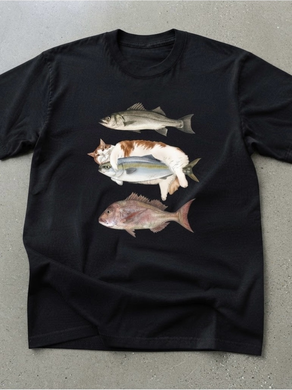 Cute Cat Hugging Fish Scientific Illustration Art Print Gildan T-Shirt